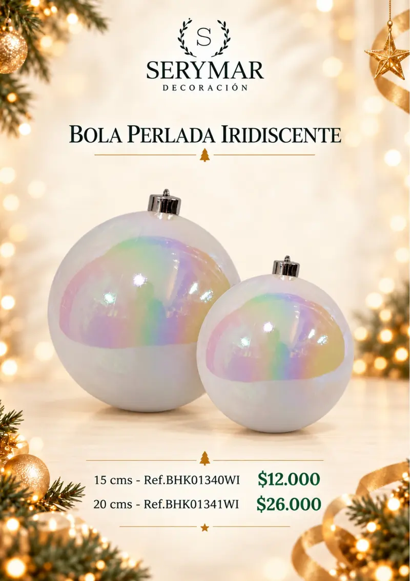 Bola Perlada Iridiscente · Ref. BHK01340WI / BHK01341WI — página 112 del Catálogo Navidad 2026 de SERYMAR Decoración