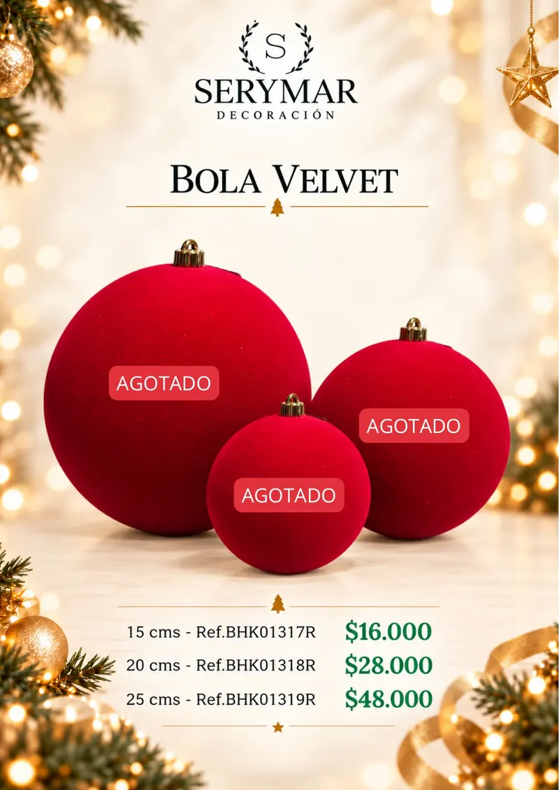 Bola Velvet · Ref. BHK01317R / BHK01318R / BHK01319R — página 114 del Catálogo Navidad 2026 de SERYMAR Decoración